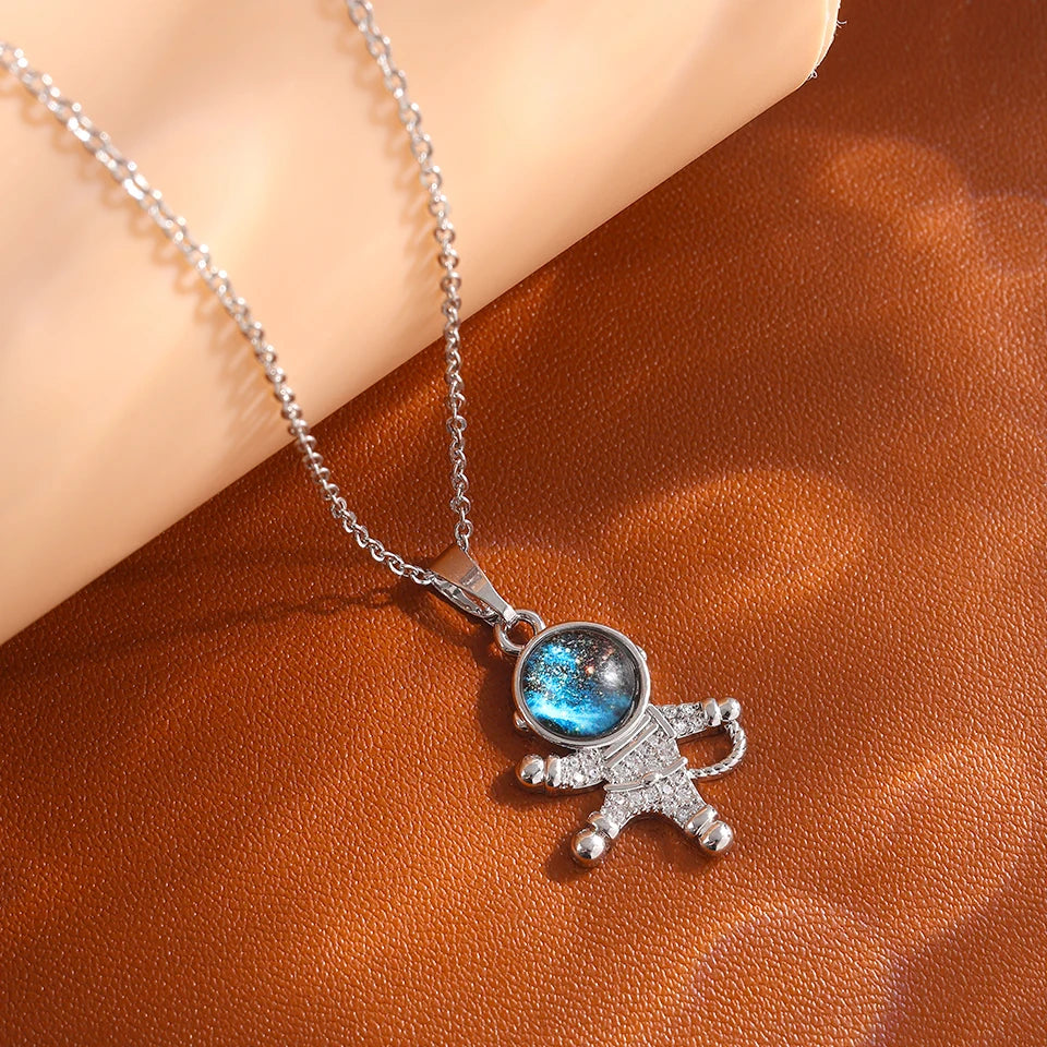 Galaxy Planet Necklace with Sparkling Crescent Moon