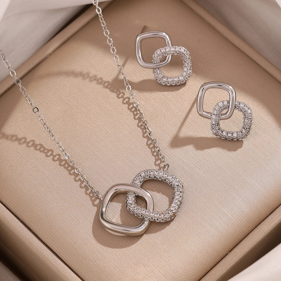 ZAKOL Hollowed Geometric Square Pendant Necklace Earrings Simple Fashion Shiny Zircon Party Jewelry Set Holiday Gifts