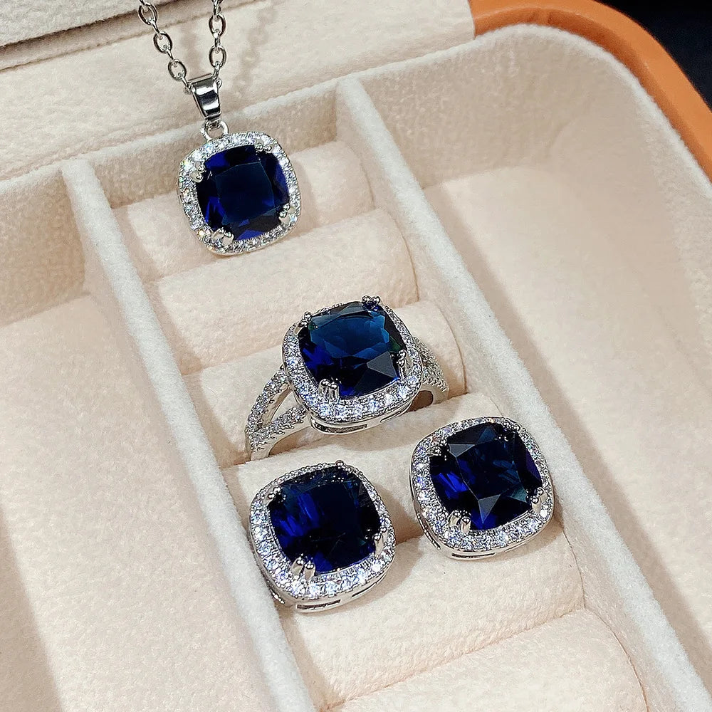 Royal Blue Crystal Jewelry Set – Necklace, Earrings & Ring