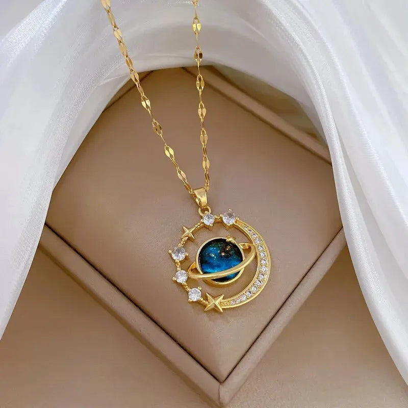 Galaxy Planet Necklace with Sparkling Crescent Moon