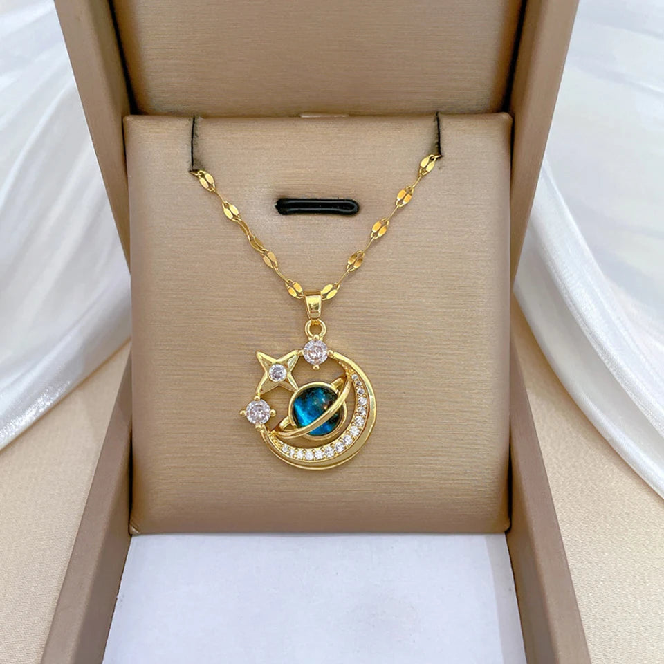 Galaxy Planet Necklace with Sparkling Crescent Moon