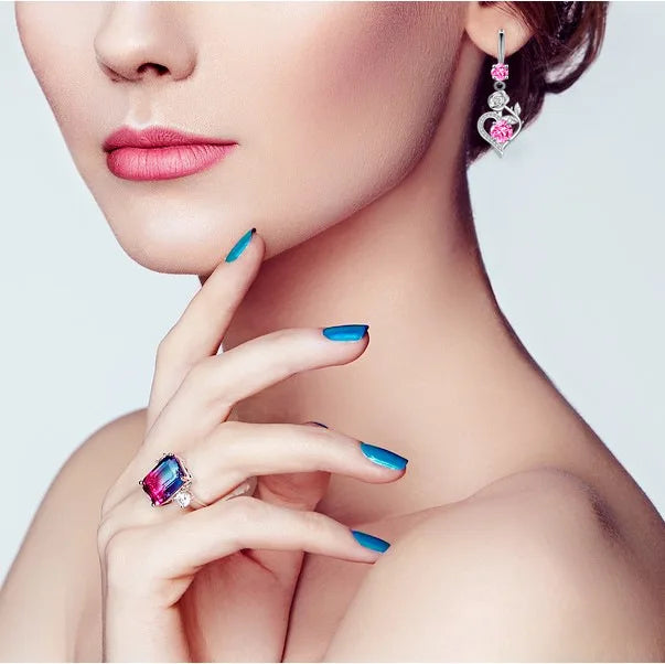 Rose Flower Heart Drop Earrings For Women Silver Color Blue Red Green Pink Zircon Valentine Dangle Earring Mothers Day Jewelry