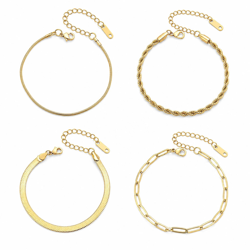 4-piece women's stainless steel fine chain bracelet set, waterproof adjustable bracelet, fashionable punk style daily wear gift