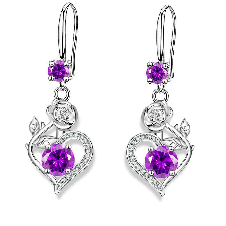Rose Flower Heart Drop Earrings For Women Silver Color Blue Red Green Pink Zircon Valentine Dangle Earring Mothers Day Jewelry