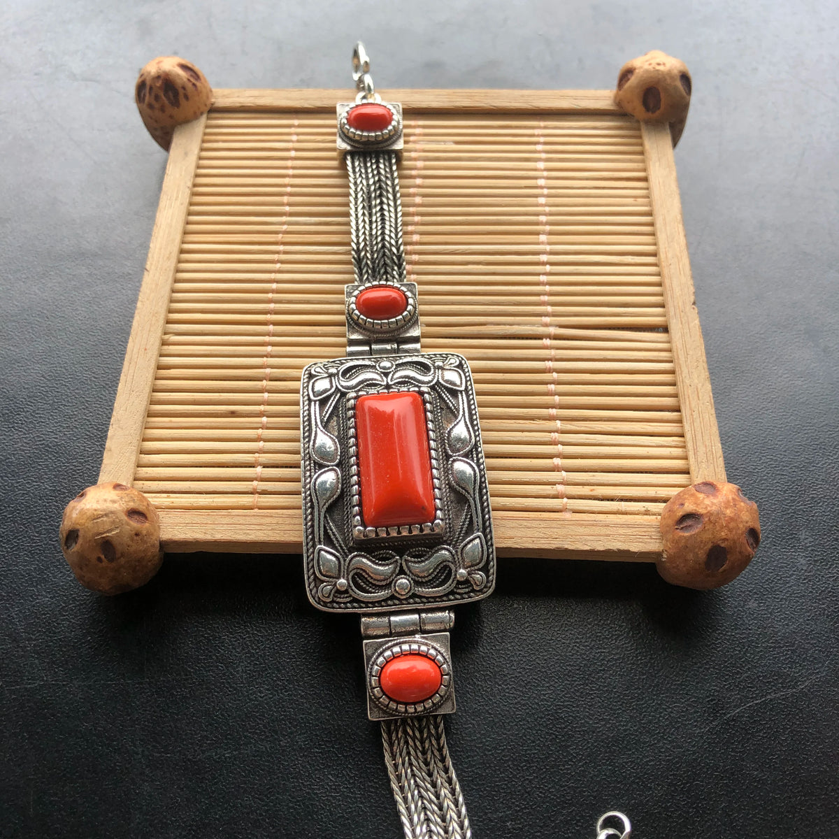 Vintage Tibetan Silver Bracelet Multi‑Chain Braided Band Rectangle & Oval Red Synthetic Stone Ornate Carved Ethnic Retro Women H