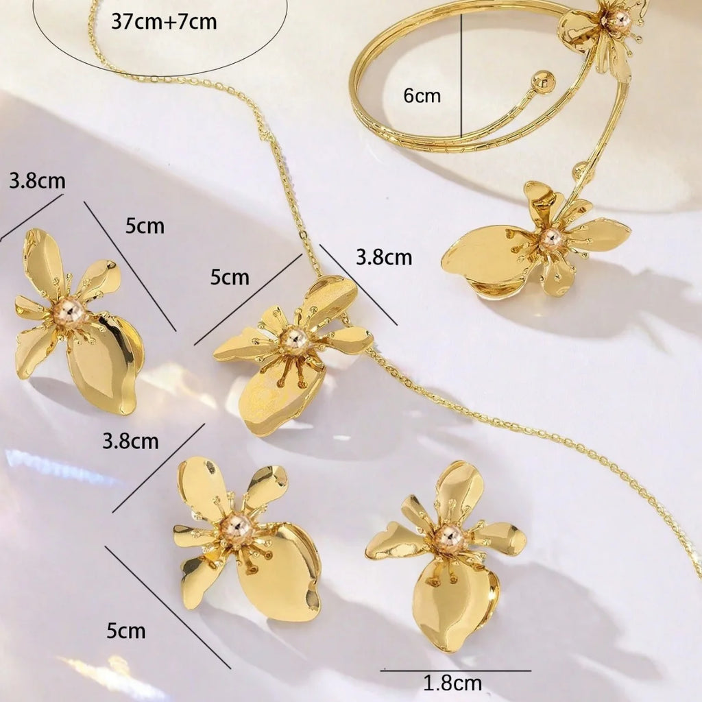 1 set of elegant retro flower bracelet ring stud earrings necklace set niche temperament women's jewelry