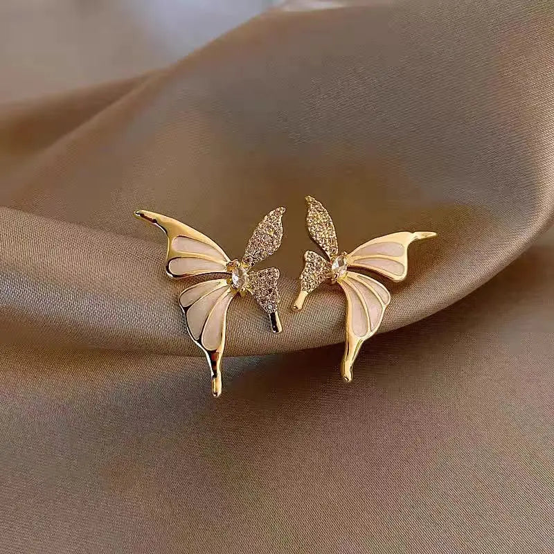 Golden Butterfly Stud Earrings with Pink Enamel Wings