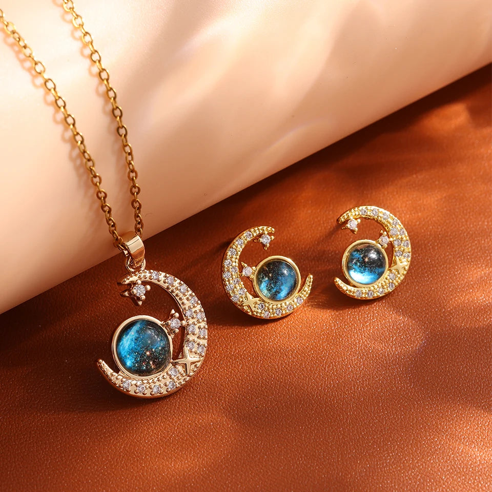 Galaxy Planet Necklace with Sparkling Crescent Moon