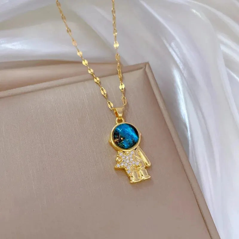 Galaxy Planet Necklace with Sparkling Crescent Moon