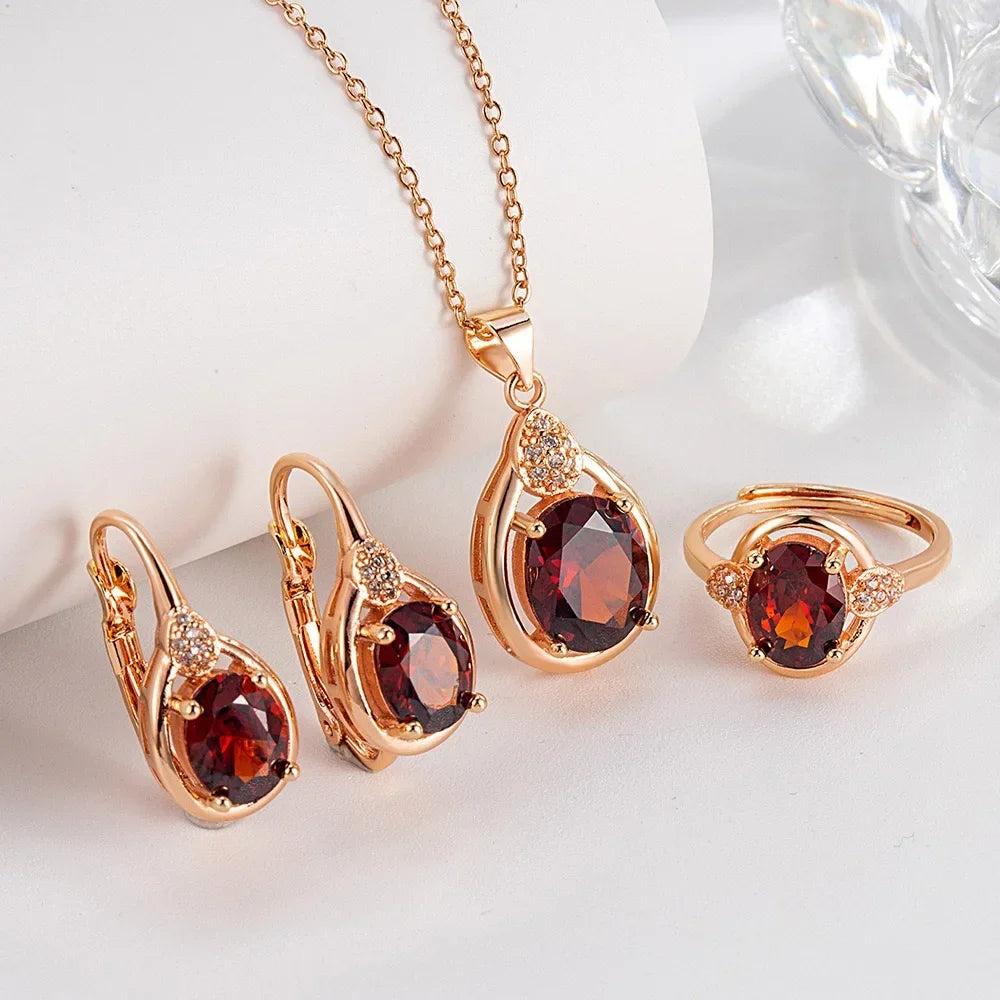 Exquisite 925 Sterling Silver Ruby Necklace Earrings Ring Set for Women Engagement Party Jewelry