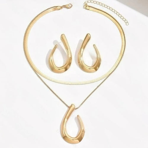 3 Pieces/set of Fashionable Gold Color Oval Pendant Necklace Earrings, Suitable for Women's Holiday Party Jewelry Gifts