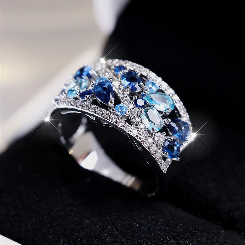 Blue Crystal Cluster Statement Ring