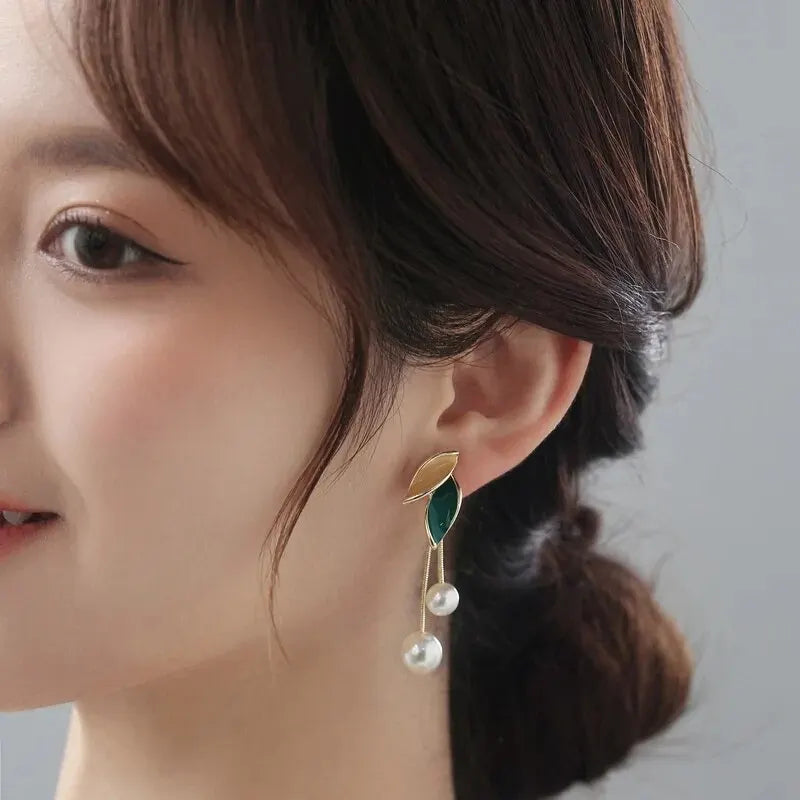 Green Enamel and Pearl Statement Earrings