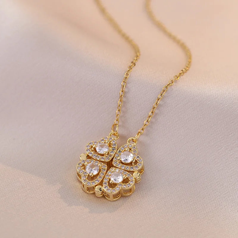 Romantic Sweet Can Open Zircon Clover Choker Necklace for Women Girls Trendy Stainless Steel Chain Luxury Bling Jewelry Gifts