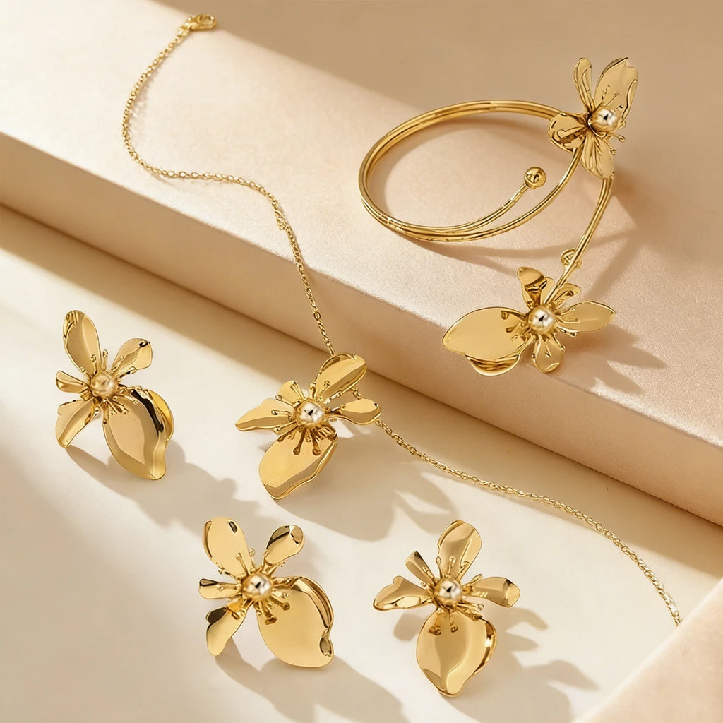 1 set of elegant retro flower bracelet ring stud earrings necklace set niche temperament women's jewelry