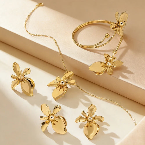 1 set of elegant retro flower bracelet ring stud earrings necklace set niche temperament women's jewelry