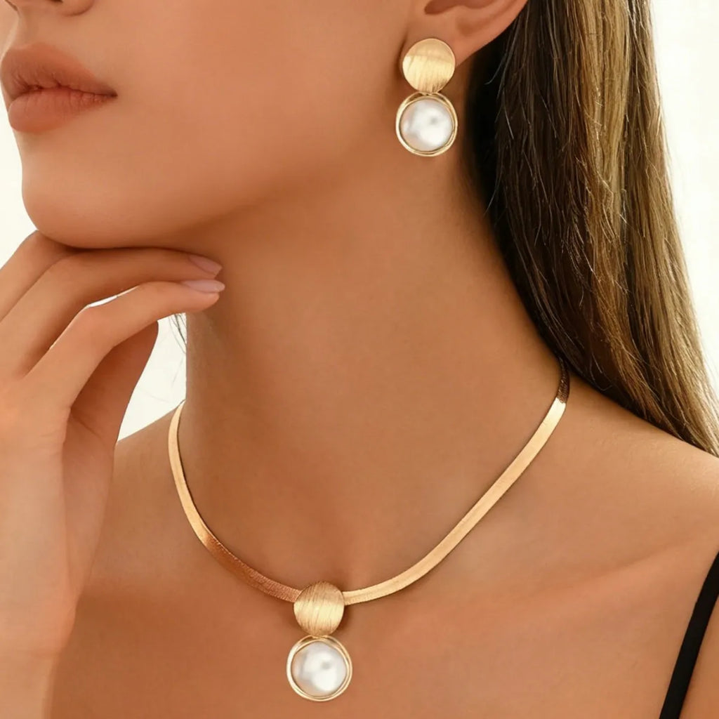 Golden Pearl Pendant Necklace & Drop Earrings Set