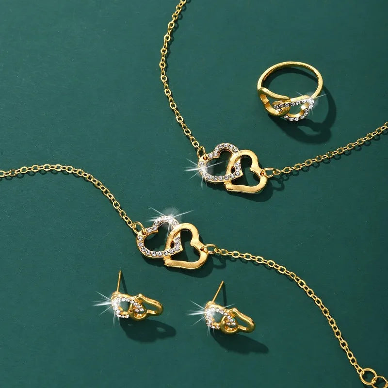 Vintage Rhinestone Jewelry Set - 5Pcs Alloy Necklace Earrings Bracelet Ring Classic Daily Wear