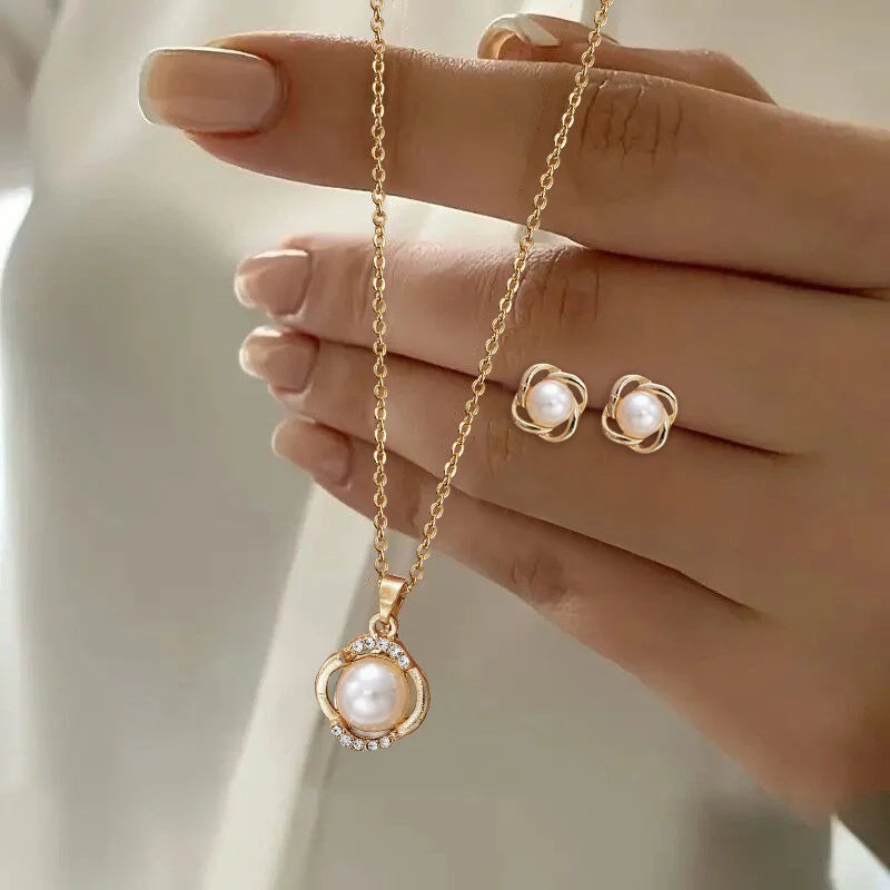 Light Luxury Shining Zircon Imitation Pearl Jewelry Sets for Women Trendy Versatile Necklace Earrings Party Christmas Gifts
