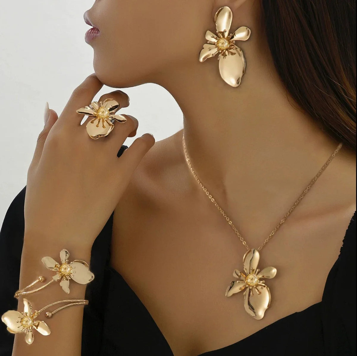 1 set of elegant retro flower bracelet ring stud earrings necklace set niche temperament women's jewelry