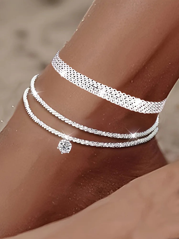 Silver-Tone Layered Anklet with Sparkling Charm
