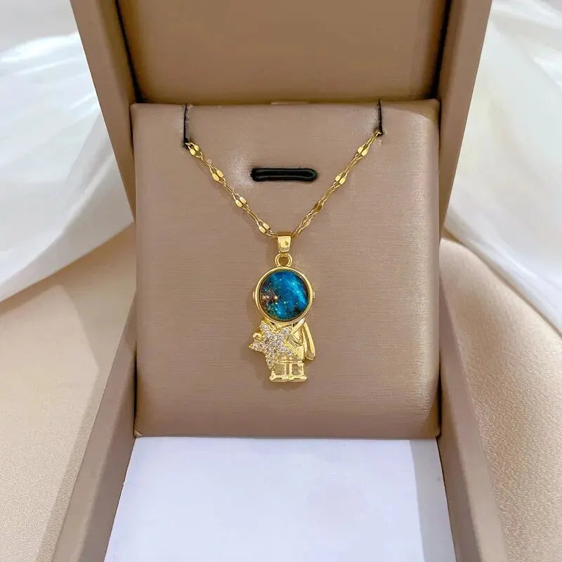Galaxy Planet Necklace with Sparkling Crescent Moon