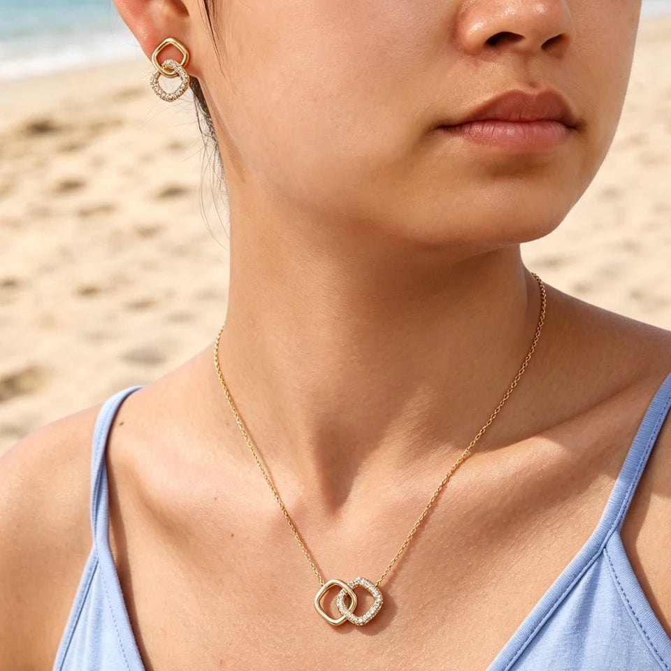 ZAKOL Hollowed Geometric Square Pendant Necklace Earrings Simple Fashion Shiny Zircon Party Jewelry Set Holiday Gifts