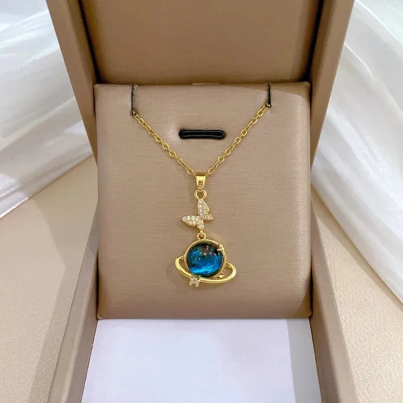 Galaxy Planet Necklace with Sparkling Crescent Moon