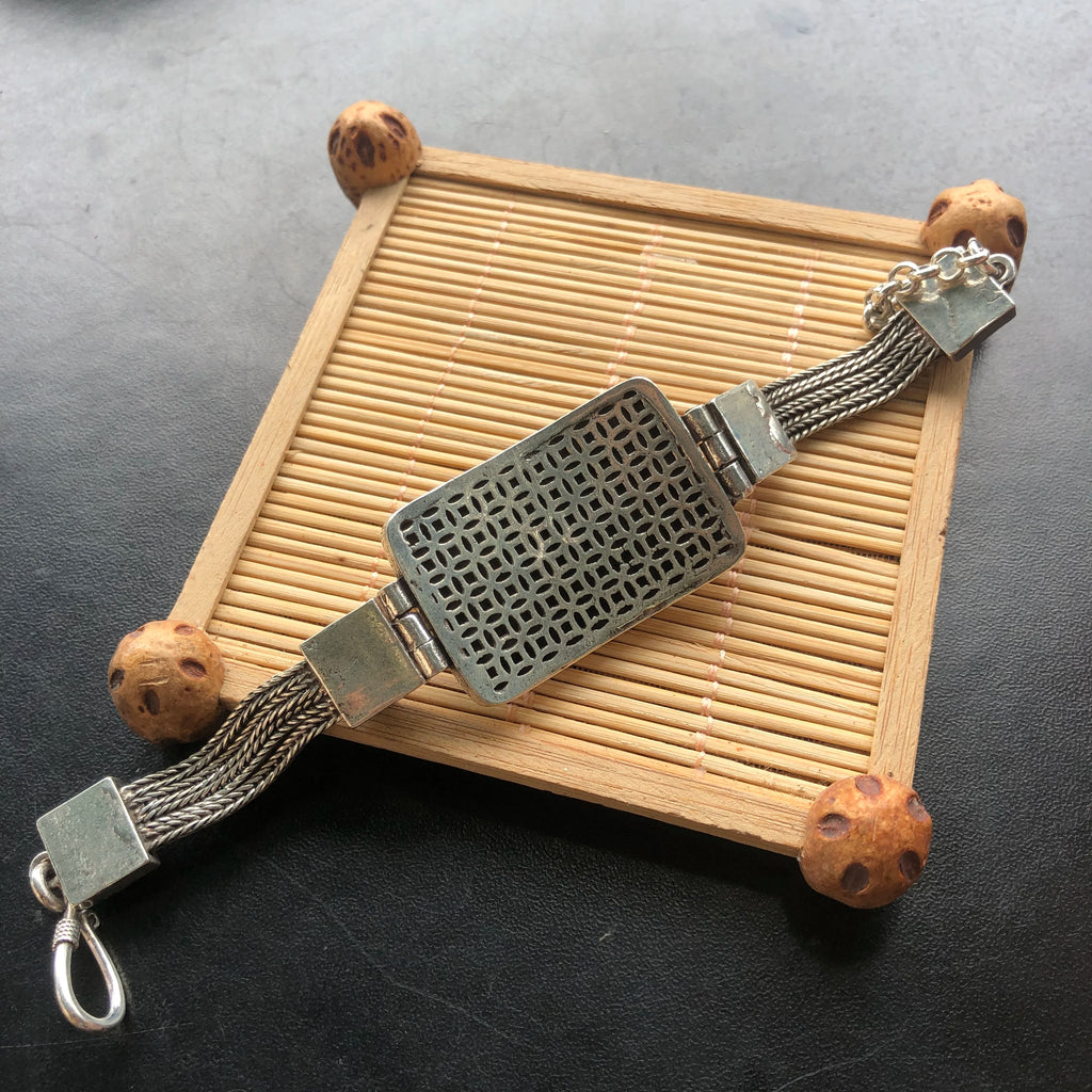 Vintage Tibetan Silver Bracelet Multi‑Chain Braided Band Rectangle & Oval Red Synthetic Stone Ornate Carved Ethnic Retro Women H