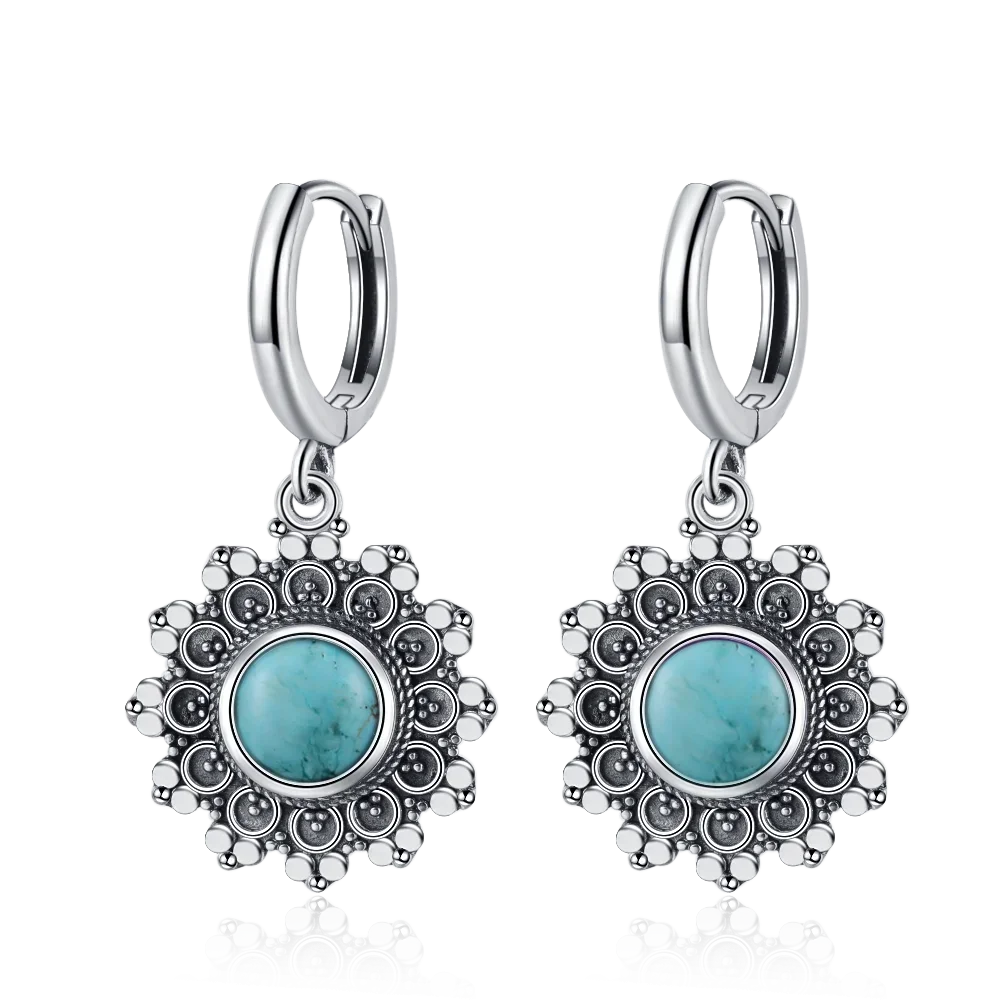Silver Plated Snowflake Natural Kyanite Earrings for Women Round 6MM Blue Stone Vintage Jewelry Party Anniversary Gifts