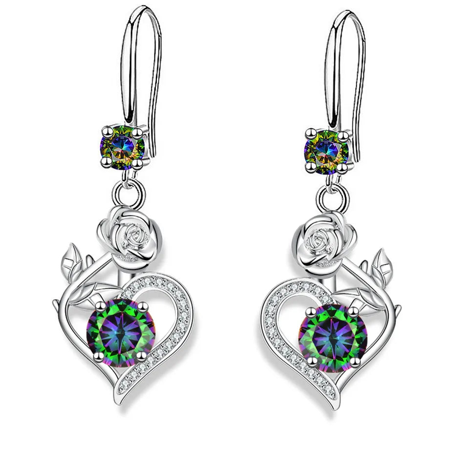 Rose Flower Heart Drop Earrings For Women Silver Color Blue Red Green Pink Zircon Valentine Dangle Earring Mothers Day Jewelry