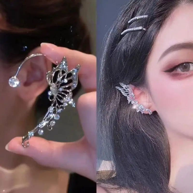 Korean Elf Butterfly Ear Cuff Without Piercing Clip Earrings for Women Elegant Sparkling Zircon Crystal Ear Clip Wedding Jewelry