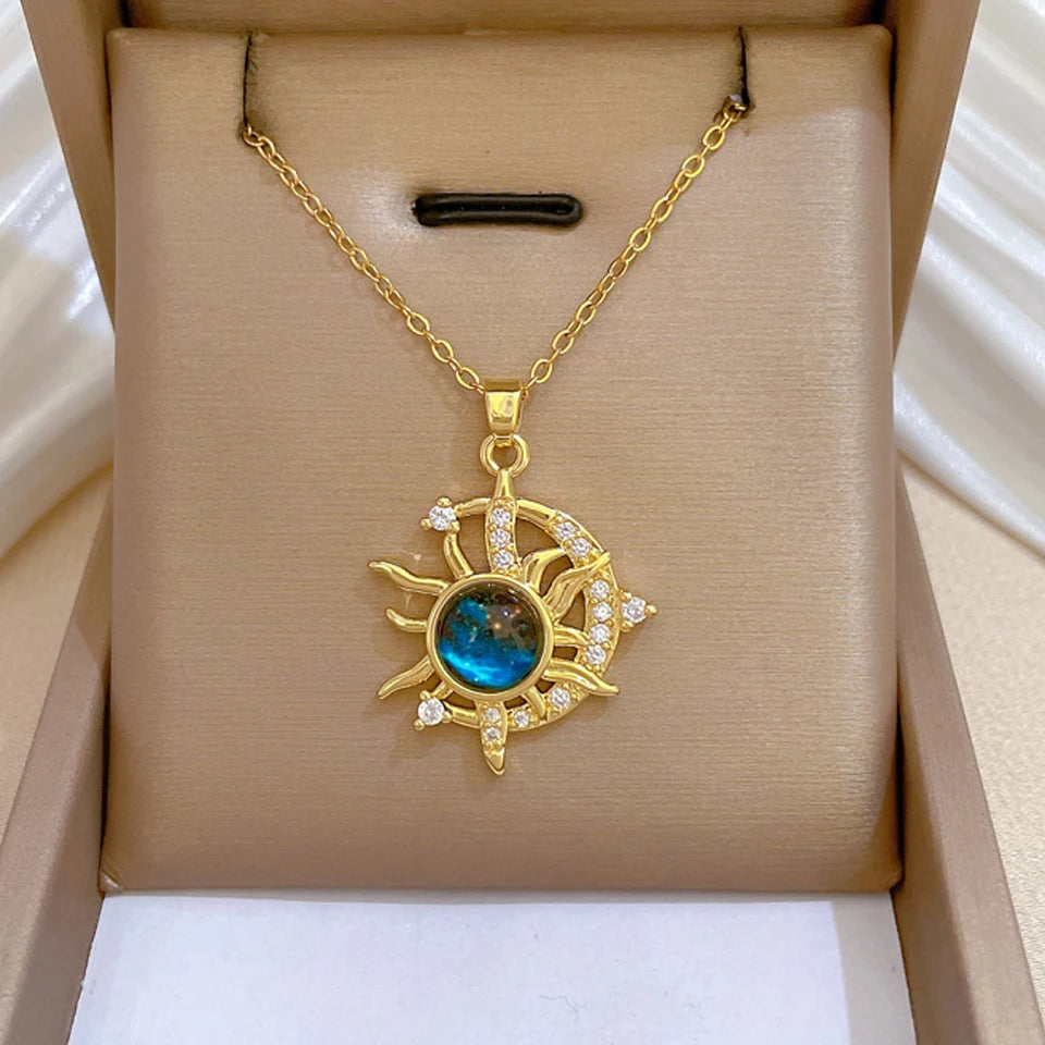 Galaxy Planet Necklace with Sparkling Crescent Moon