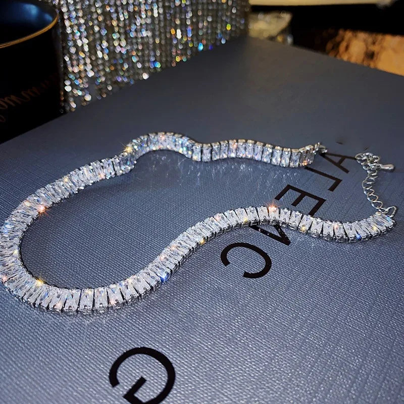 Stainless Steel Shiny Zircon Necklace for Women Simple Adjustable Rhinestones Collar Choker Necklace Fine Jewelry Gifts