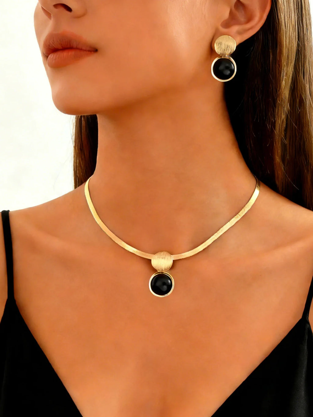 Golden Pearl Pendant Necklace & Drop Earrings Set