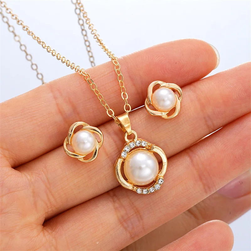 Light Luxury Shining Zircon Imitation Pearl Jewelry Sets for Women Trendy Versatile Necklace Earrings Party Christmas Gifts