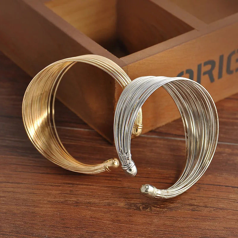 Fashion Multi-Layer Metal Wire String Open Bangle for Women Wide Sleeve Exaggerated Mouth Bracelet Jewelry Indian Bracelet