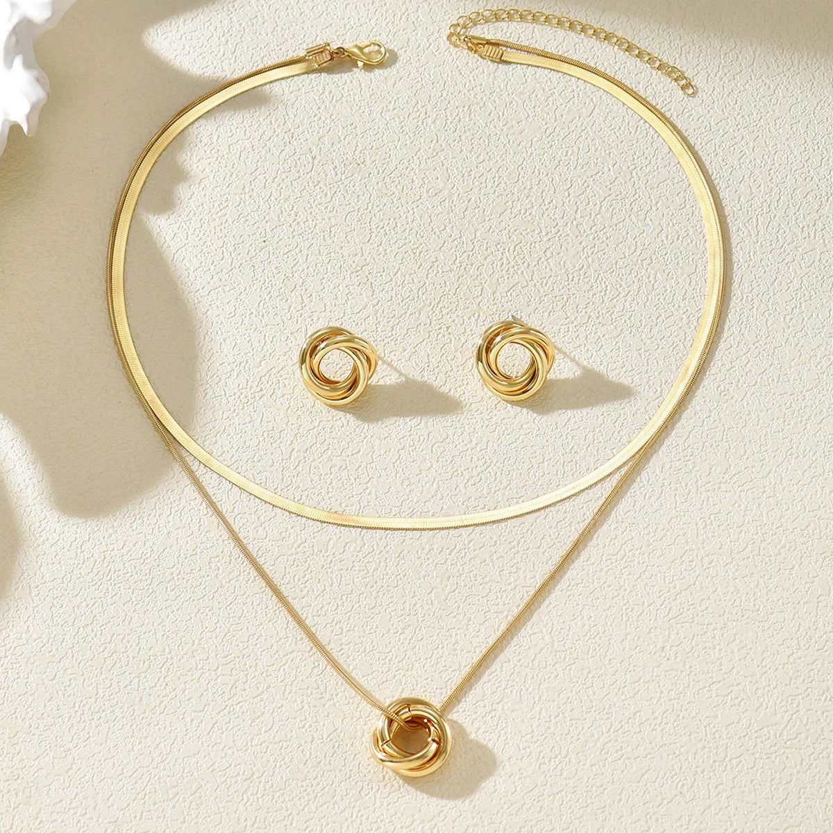 Modern Double-Ring Pendant and Earring Set
