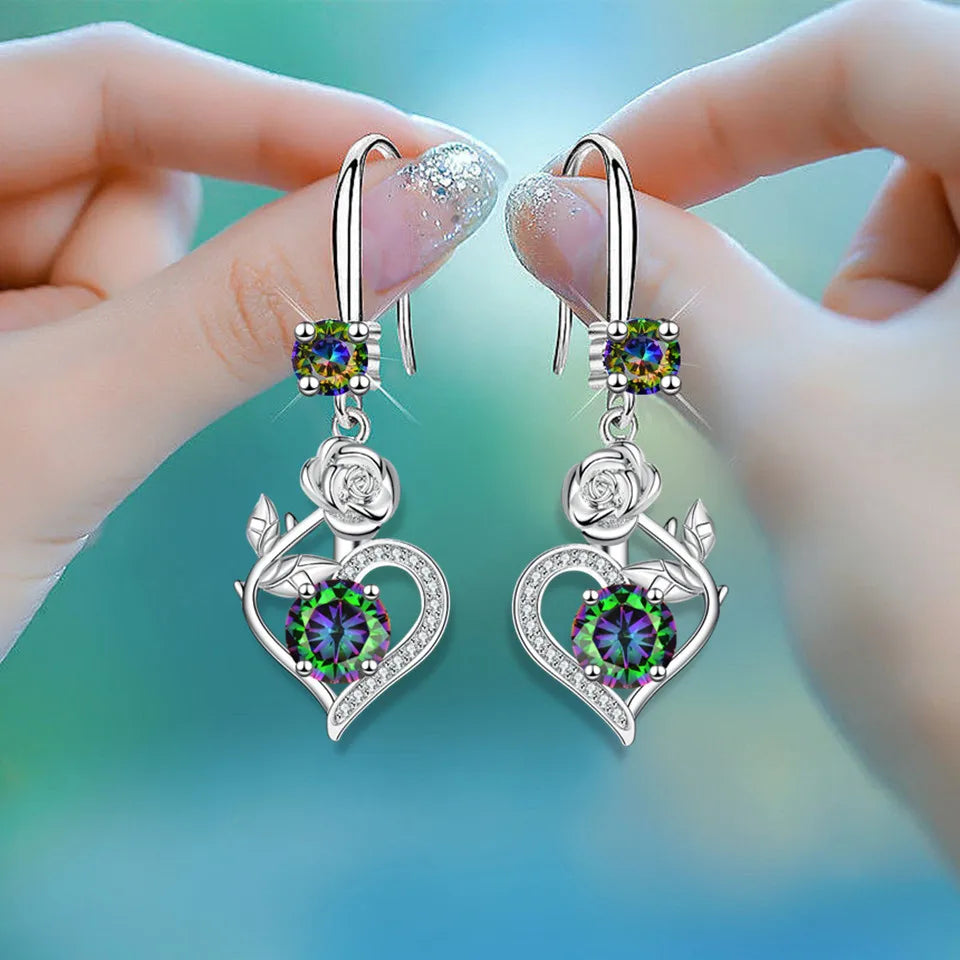 Rose Flower Heart Drop Earrings For Women Silver Color Blue Red Green Pink Zircon Valentine Dangle Earring Mothers Day Jewelry