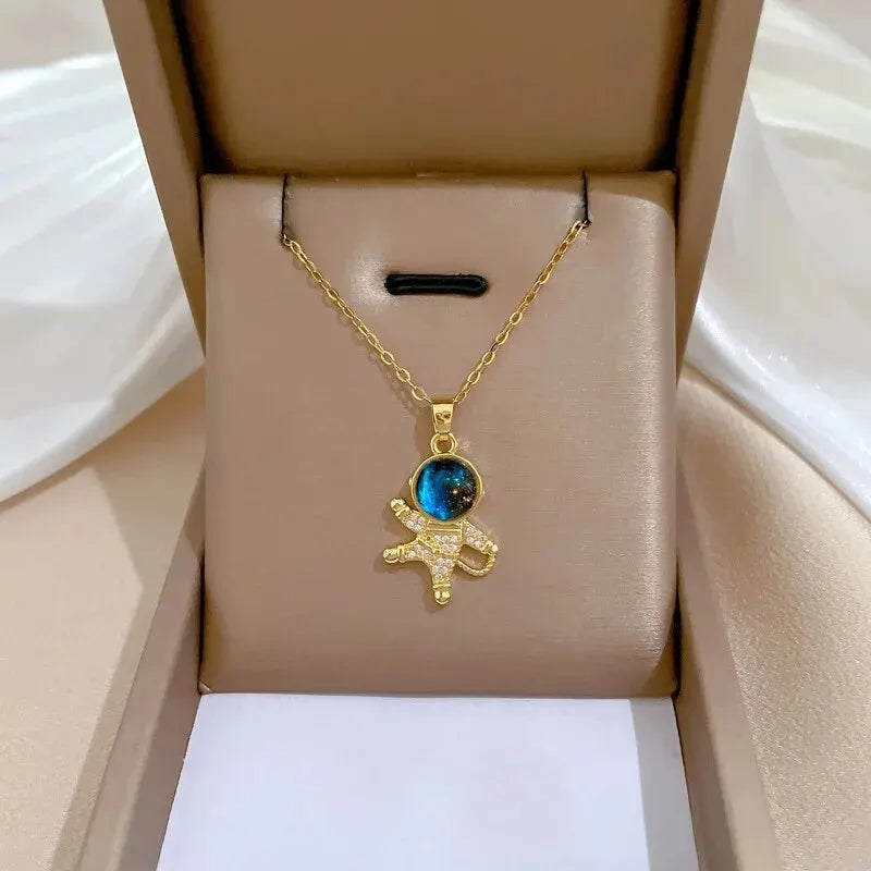 Galaxy Planet Necklace with Sparkling Crescent Moon