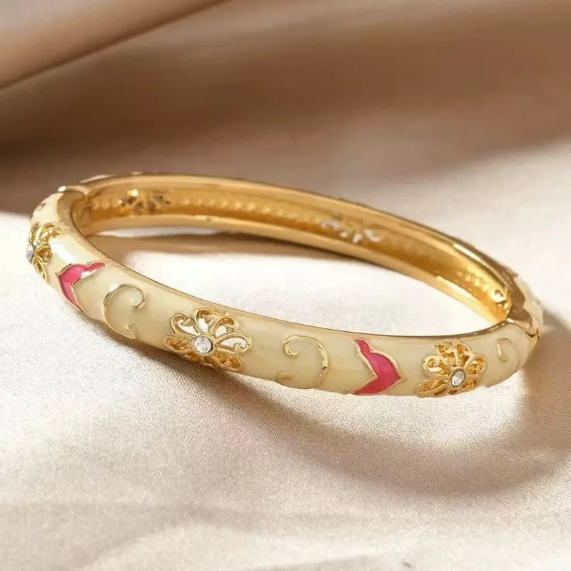 Colorful Enamel Floral Bangle Bracelet Retro Gold-Tone Open Cuff Elegant Dainty Jewelry For Women Gifts