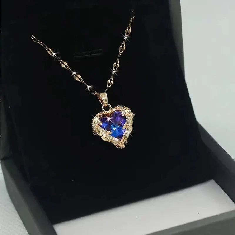 Blue Gem Heart Necklace with Rhinestone Accents