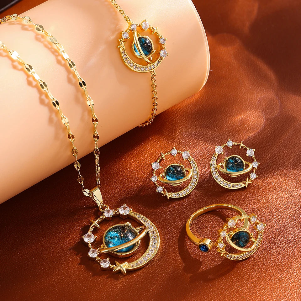 Galaxy Planet Necklace with Sparkling Crescent Moon