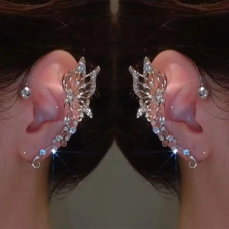 Korean Elf Butterfly Ear Cuff Without Piercing Clip Earrings for Women Elegant Sparkling Zircon Crystal Ear Clip Wedding Jewelry