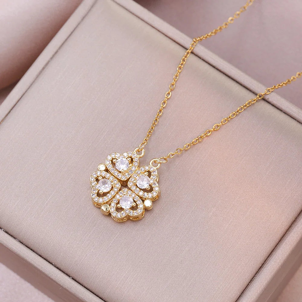 Romantic Sweet Can Open Zircon Clover Choker Necklace for Women Girls Trendy Stainless Steel Chain Luxury Bling Jewelry Gifts