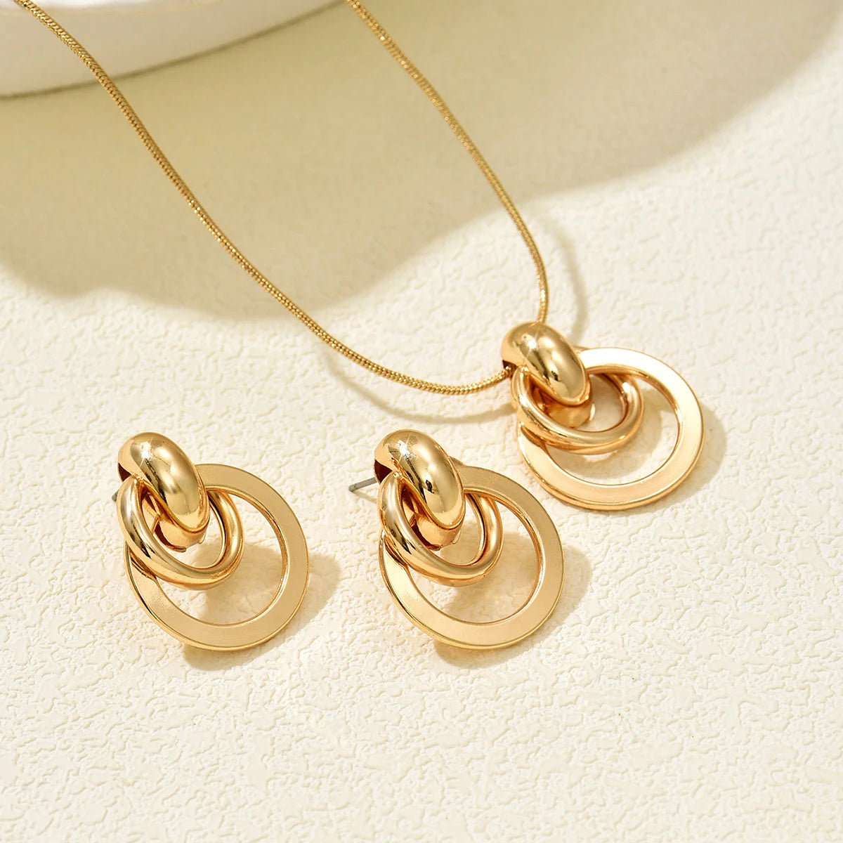 Modern Double-Ring Pendant and Earring Set
