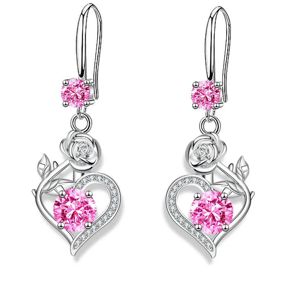 Rose Flower Heart Drop Earrings For Women Silver Color Blue Red Green Pink Zircon Valentine Dangle Earring Mothers Day Jewelry