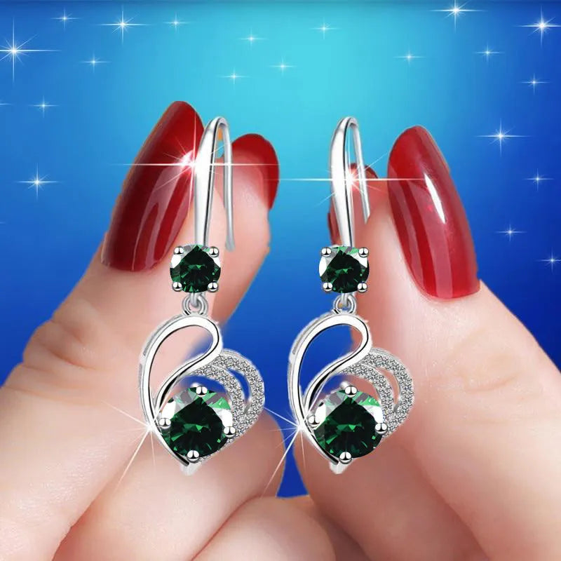 Cute Female Blue Love Heart Dangle Earrings Classic Silver Color Wedding Rainbow Crystal Round Stone Jewelry For Women