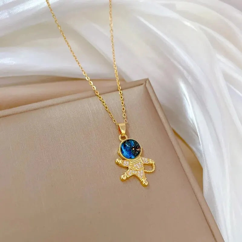 Galaxy Planet Necklace with Sparkling Crescent Moon
