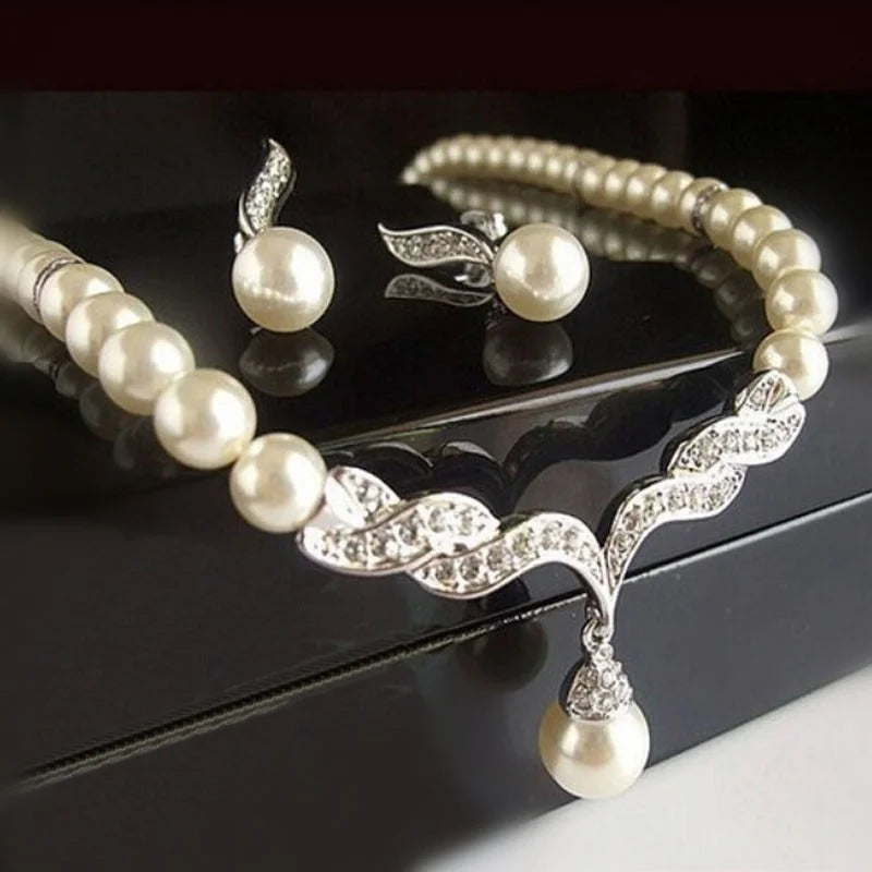Creative Gold Color Necklace + 1 Pair Earrings Wedding Bridal Pearl Jewelry Set For Women Lady Female